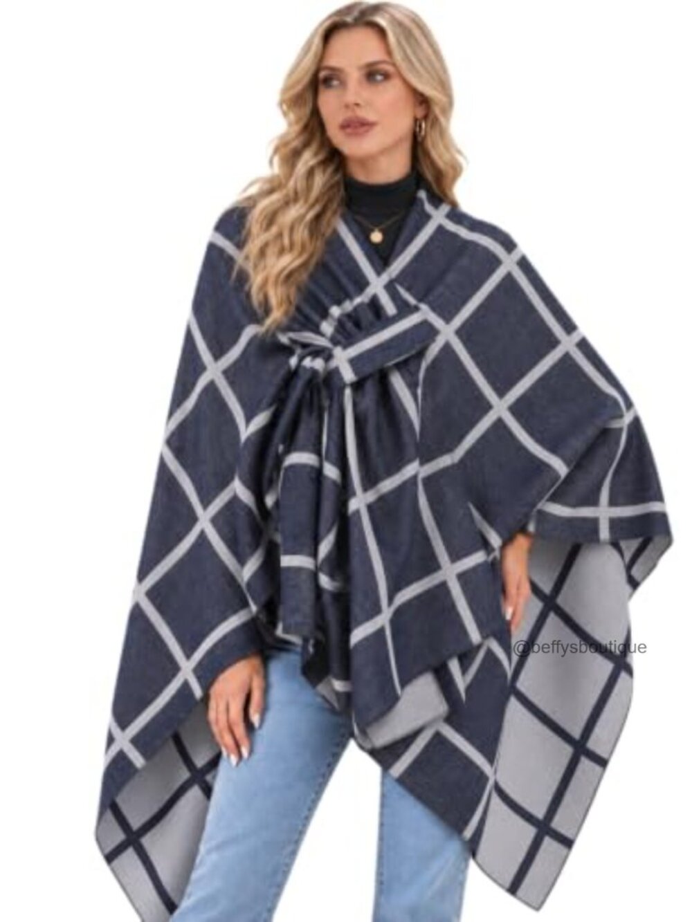 Reversible Plaid Shawl Wrap Open Front Ruana Poncho Soft Cozy Cardigan